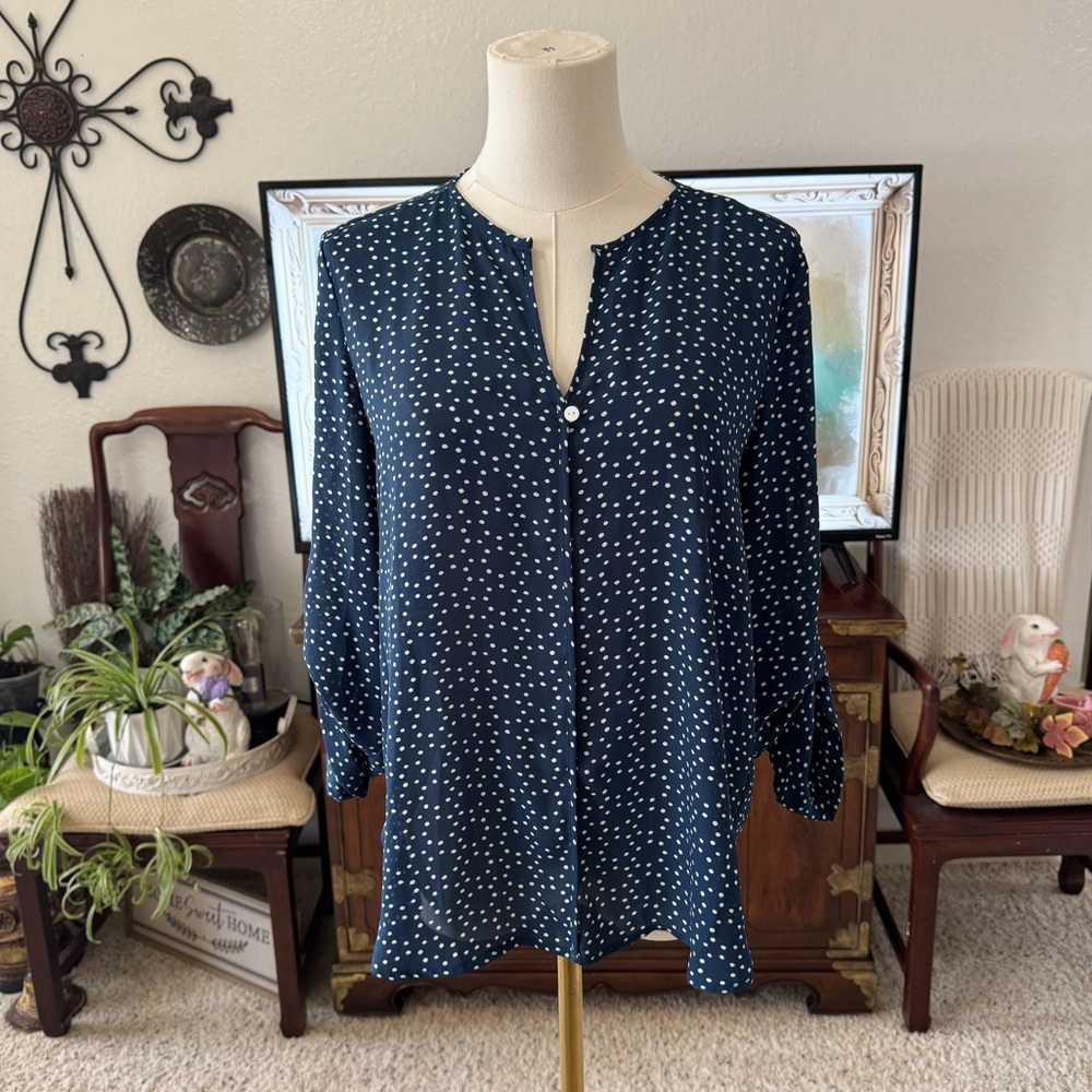 Collective Concepts Navy Blue White Polka Dot Blouse 3/4 Sleeves Size M Petite